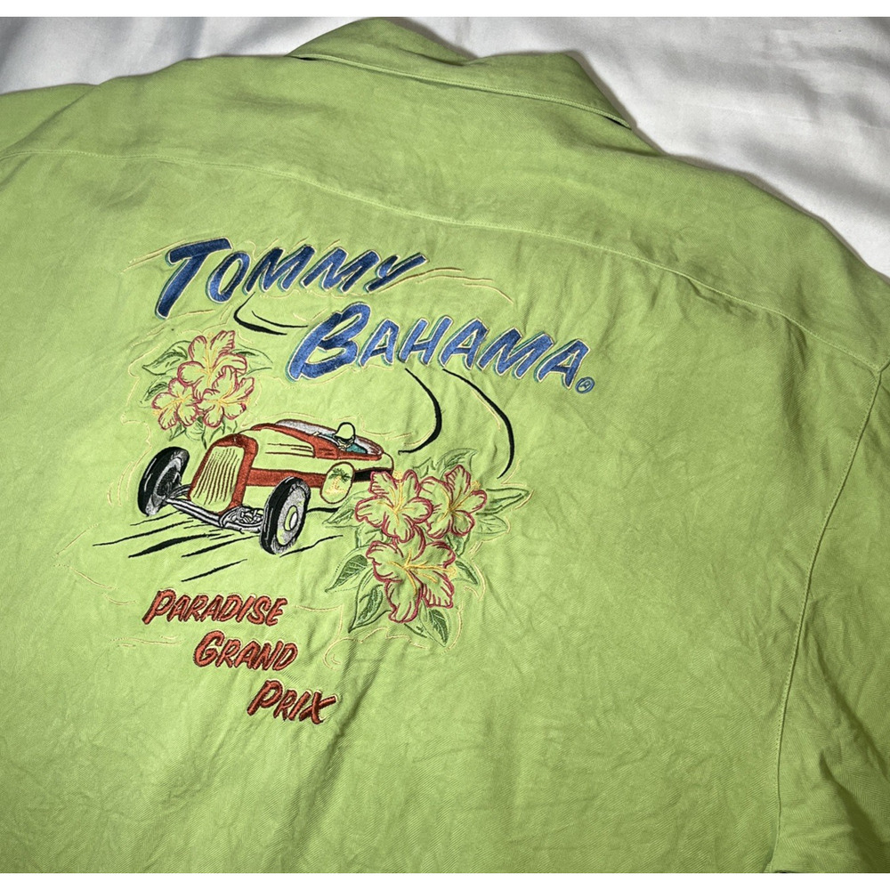Tommy Bahama Shirt Mens Size XL Green Paradise Grand Prix Silk Camp Loop Collar